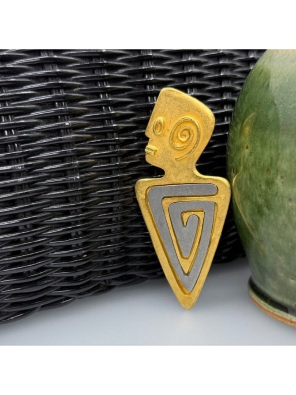 VTG Brushed Silver on Gold-Tone Brooch Pin Abstract Design 4" Unique Geometric